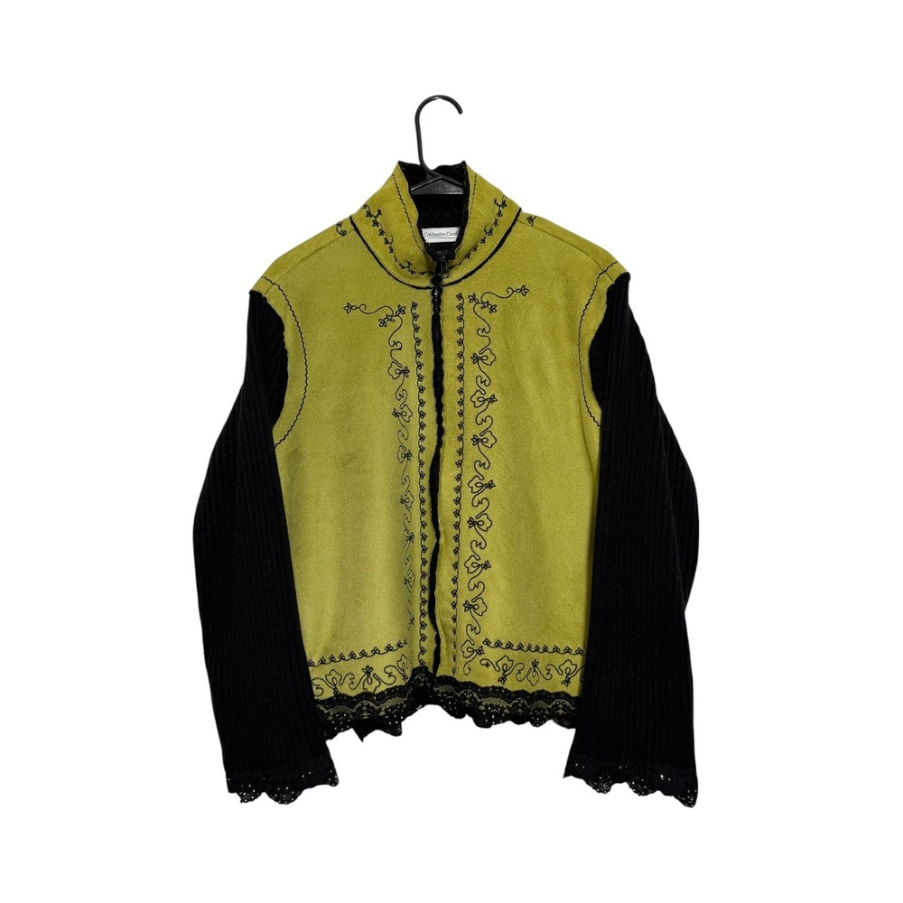 Coldwater Creek Whimsigoth Boho Fairy Green Faux Suede Embroidered Lace Jacket